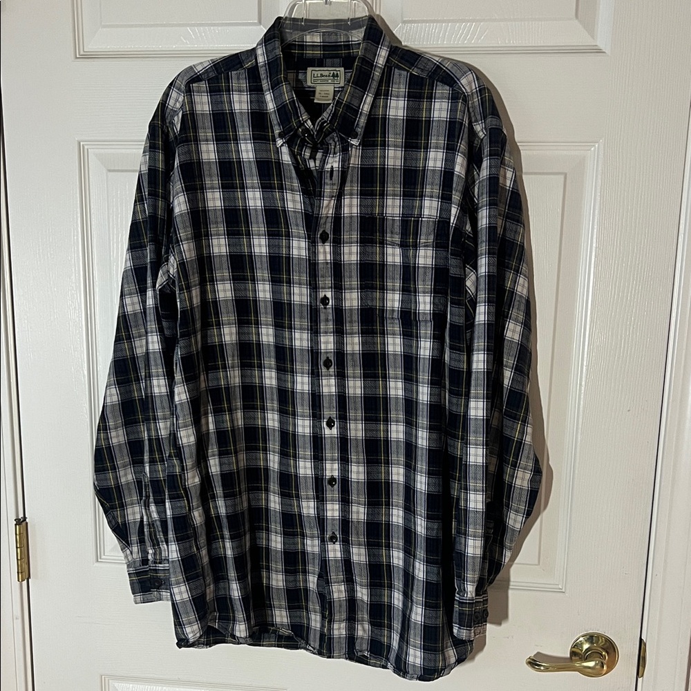 Vintage L.L. Bean Men's Cotton Navy White Green Tartan Plaid Shirt,‎ Sz XL-TALL
